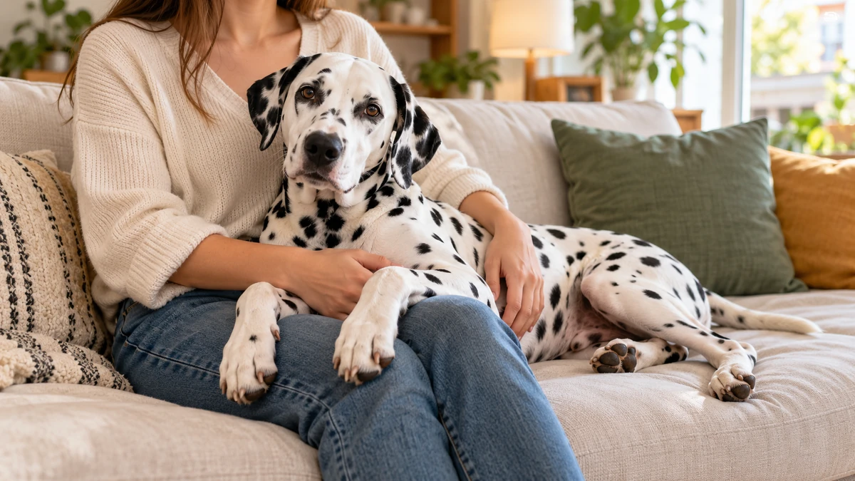 Dalmaçyalı köpek — sahibinin kucağında